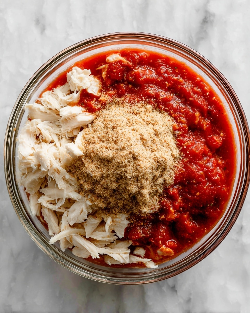 A clear glass bowl holds three layers of ingredients. The bottom and largest layer is bright red chunky tomato sauce, filling most of the bowl. On top of that, there is a mound of finely ground light brown spice mix in the center. Surrounding the spice are pieces of white shredded cooked chicken placed along the lower edge of the bowl. The background is a white marbled surface. photo taken with an iphone --ar 4:5 --v 7