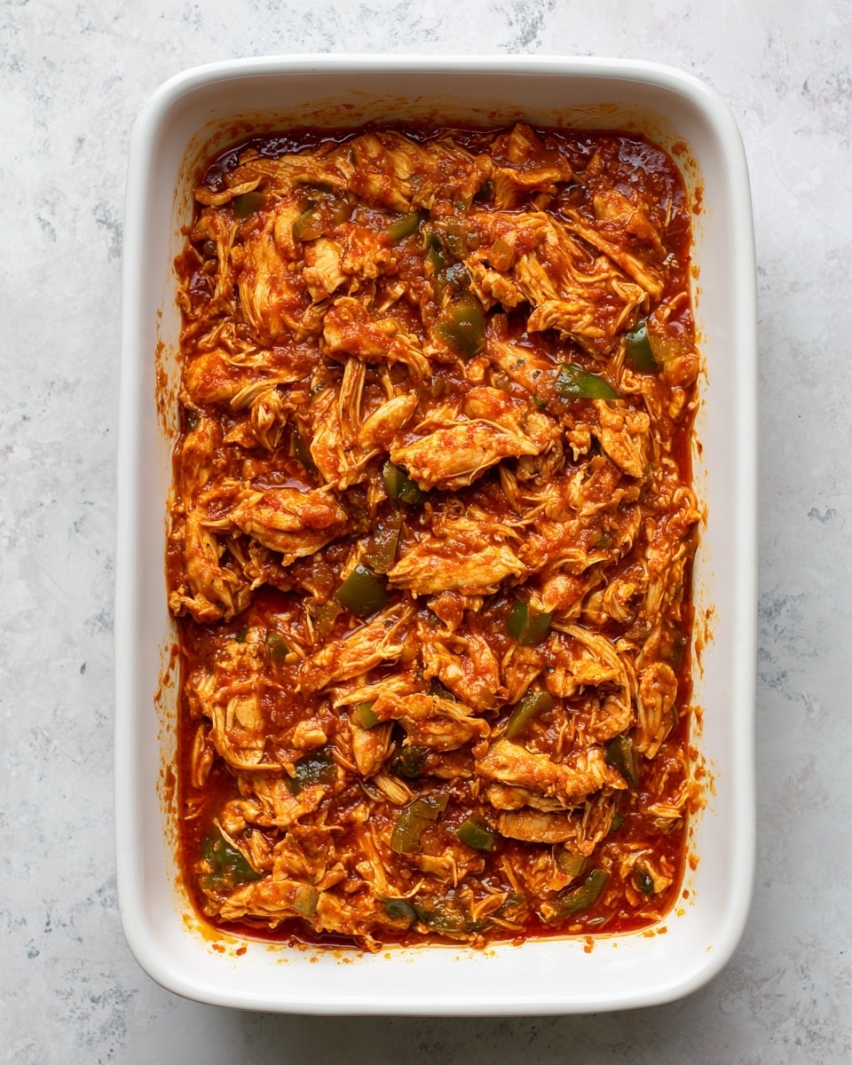 A white rectangular baking dish filled with one thick layer of shredded cooked chicken mixed with a reddish sauce that appears spicy and has small pieces of green peppers and bits of spices, giving it a textured and chunky look. The chicken pieces are uneven but spread evenly across the dish, and the sauce coats the chicken liberally. The dish is placed on a white marbled textured surface. photo taken with an iphone --ar 4:5 --v 7