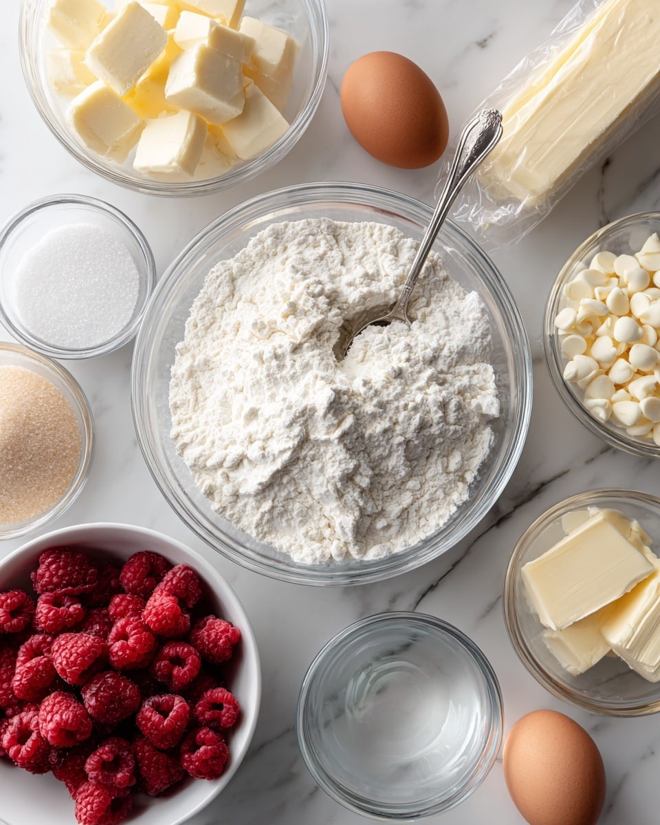 The image shows a white marbled surface with several ingredients for baking arranged neatly. In the center is a clear glass bowl filled with white flour, with a silver spoon resting inside. Surrounding the bowl, from top left to bottom right, are more clear bowls containing light brown sugar, white sugar, and white chocolate chips, along with a white bowl of red frozen raspberries. There is also one brown egg, a stick of unsalted butter wrapped in paper, and a small clear bowl with a clear liquid, likely egg whites. Photo taken with an iphone --ar 4:5 --v 7