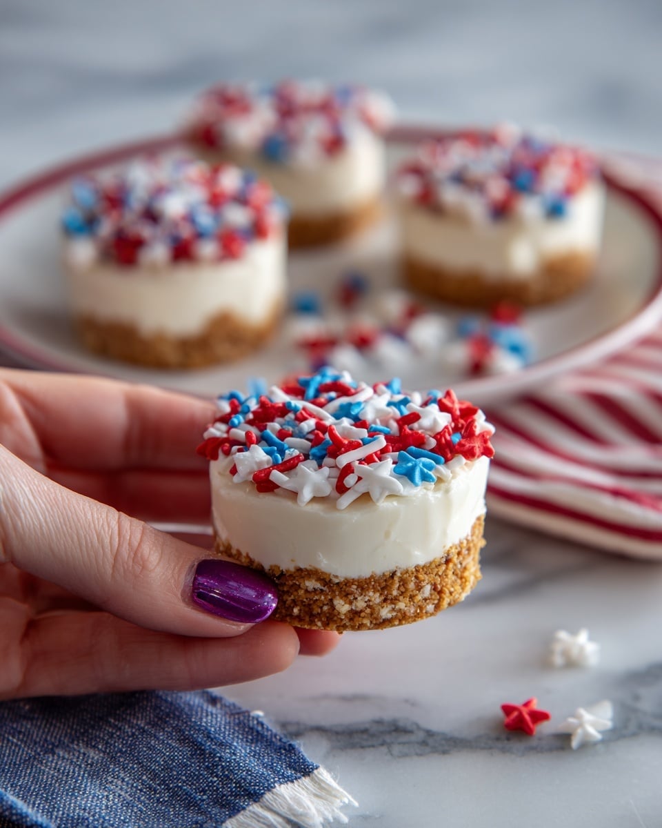 A woman's hand holding a small dessert with three layers: the bottom layer is light brown and crumbly, the middle layer is thick white cream, and the top layer is covered with red, blue, and white sprinkles of different shapes including stars and rods. In the background, there are more of the same desserts placed on a white plate with a red rim on a white marbled surface, with a blue and white cloth with red stripes underneath. The nails on the woman's hand have shiny purple nail polish. Photo taken with an iphone --ar 4:5 --v 7