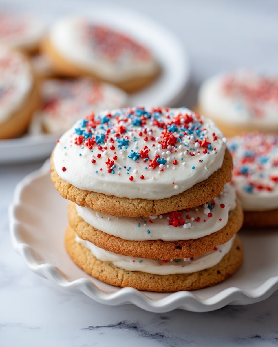 A stack of round cookies with two main layers is shown on a white plate with a wavy edge. The bottom layer is a light brown cookie base with a rough texture. The top layer is a thick, smooth white frosting spread evenly on each cookie. On top of the frosting, there are scattered small red, blue, and white sprinkles, some shaped like little stars, giving a colorful and festive look to the cookies. The plate sits on a surface with a white marbled texture. Photo taken with an iphone --ar 4:5 --v 7