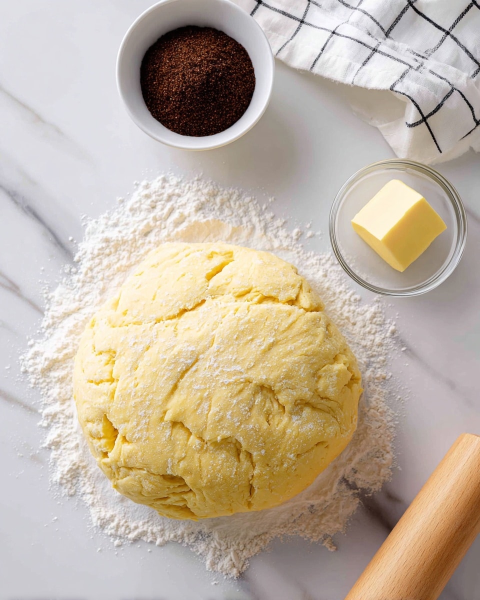 A large round ball of light yellow dough sits on a white marbled surface dusted with flour, showing a soft and slightly bumpy texture. To the upper left, a white bowl filled with dark brown sugar is visible. On the right side of the dough, a small clear glass bowl holds a pale yellow cube of butter that looks smooth. At the top right corner, a light wooden rolling pin rests on a white cloth with a black grid pattern. The scene is bright and clean, showing baking ingredients and tools ready for use photo taken with an iphone --ar 4:5 --v 7