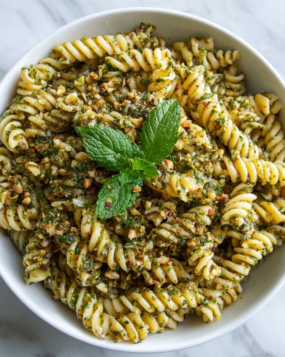 A close-up of a white bowl filled with spiral pasta coated in a green herb sauce mixed with small bits of nuts and herbs, creating a textured topping mainly in the center and scattered all over the pasta; the pasta is light golden yellow, with green and brown textured bits of sauce, sprinkled with fresh green basil and mint leaves on top. The bowl rests on a white marbled surface. photo taken with an iphone --ar 4:5 --v 7