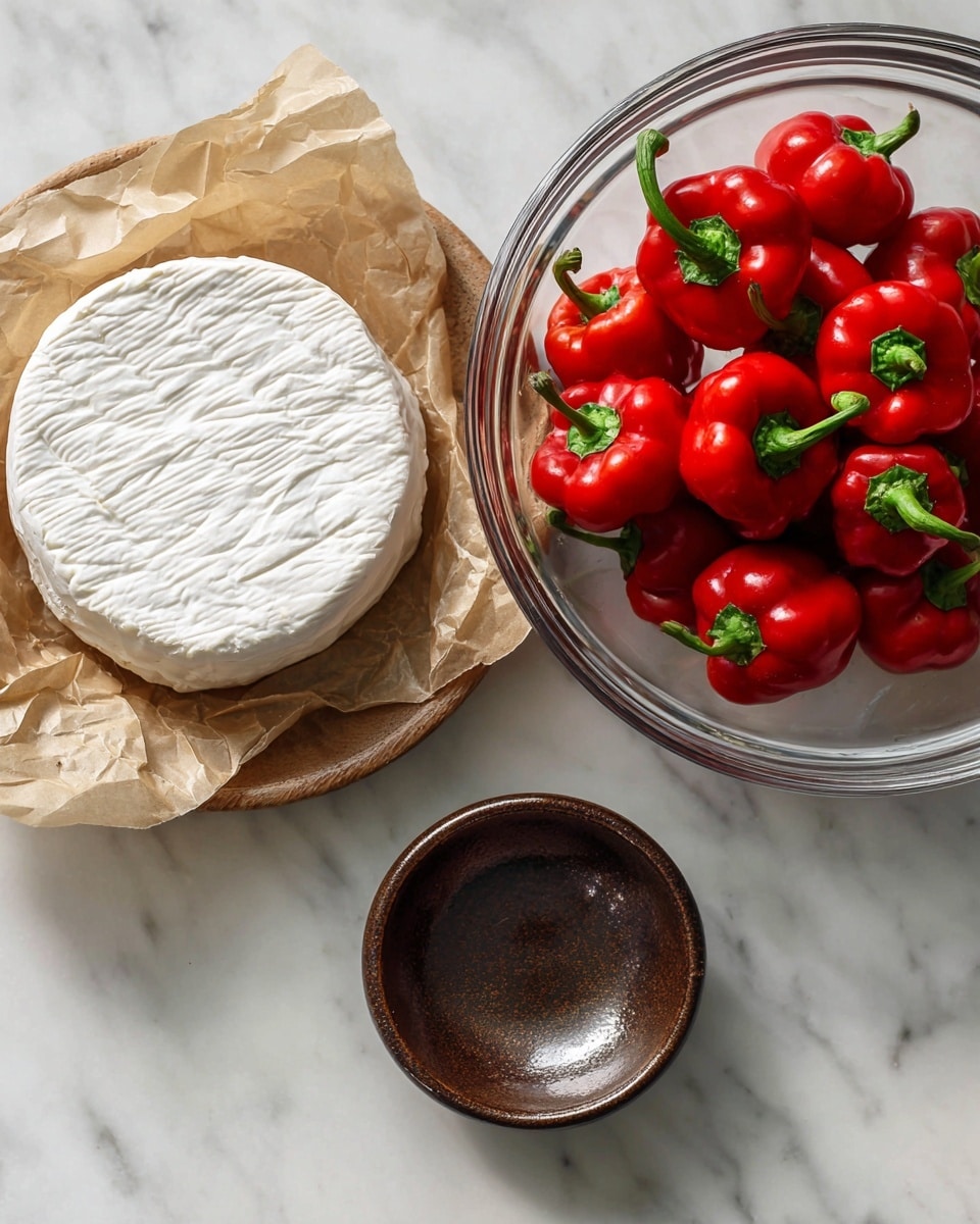 A round white cheese wheel with a paper wrapper slightly open sits on the left, next to a clear glass bowl filled with bright red mini bell peppers showing their green stems on the right, and above both is a small round brown dish with a shiny surface, all placed on a white marbled texture surface photo taken with an iphone --ar 4:5 --v 7
