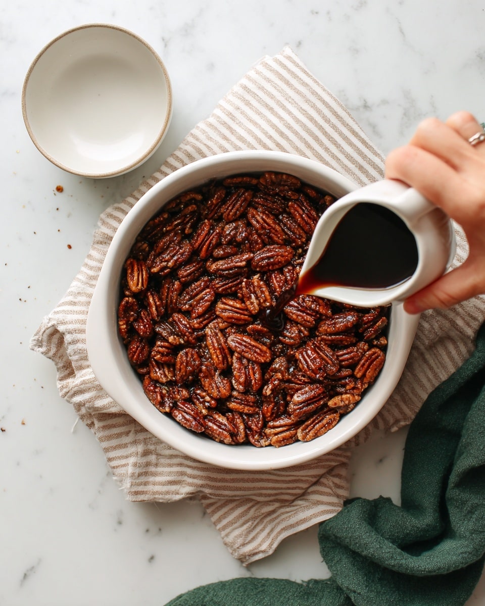 A white pot filled with one layer of cooked, brown candied pecans with a rough sugary texture. A woman's hand on the lower right corner is pouring a dark, thick syrup from a small white cup onto the pecans. A clean empty white bowl is placed on the white marbled surface in the upper left corner. A striped cloth napkin in light brown and white colors is partly visible under the pot, and a dark green cloth is visible on the right edge. Photo taken with an iphone --ar 4:5 --v 7