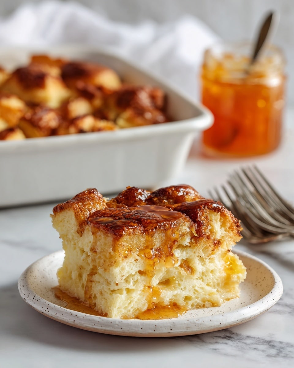 A single piece of bread pudding sits on a small white plate with a light speckled texture. The pudding has two main layers: a thick, soft, pale yellow bottom layer that looks moist and airy, and a thin top layer of browned, caramelized bread pieces with a shiny, golden-brown glaze. Behind it, there is a white baking tray filled with more browned bread pudding pieces, showing unevenly puffed bread tops. In the background, there is a small clear glass jar with orange jam and a spoon inside. The whole scene is set on a white marbled surface with a blurred white wooden background, and two silver forks lie to the right. Photo taken with an iphone --ar 4:5 --v 7