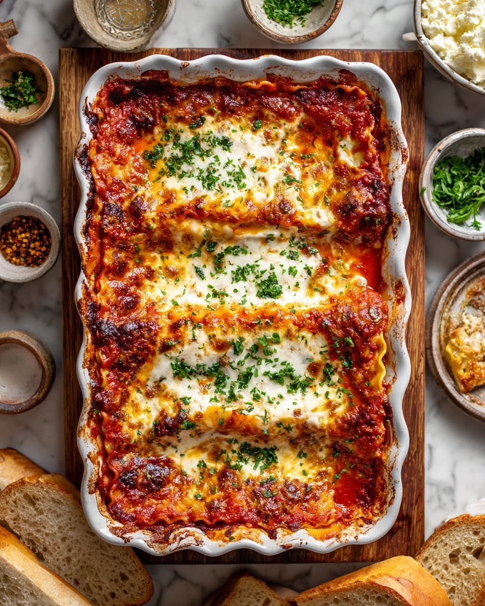 Two rolled lasagnas lie side by side in a white baking dish with scalloped edges, each covered with bright red tomato sauce that spreads unevenly, creating patches of deeper and lighter red. On top, there is melted creamy white cheese with golden brown spots, slightly bubbling and textured. Green parsley flakes are sprinkled over the cheese, adding small specks of bright green. The edges of the baking dish show some baked-on sauce stains. The dish sits on a wooden surface surrounded by small bowls of cheese, herbs, spices, and pieces of bread, all placed on a white marbled texture. photo taken with an iphone --ar 4:5 --v 7