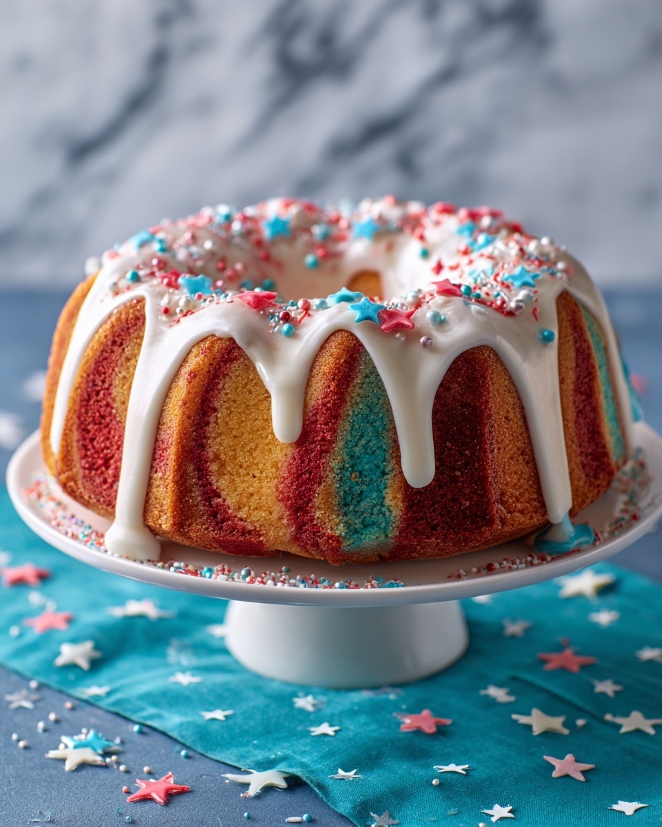 A round bundt cake with three colored layers swirled together: red, orange, and green. The cake is covered with white icing that drips down the sides in thick lines. Small red, white, and blue star-shaped and round sprinkles are scattered on the icing. The cake sits on a white cake stand, placed on a blue cloth with white stars. The background has a white marbled texture. photo taken with an iphone --ar 4:5 --v 7