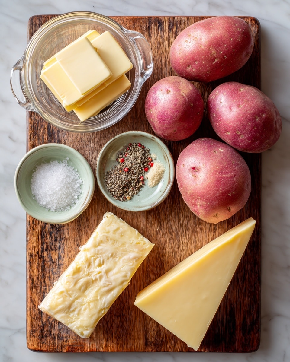 The image shows a wooden board with six ingredients arranged neatly. On the top right, there are three round red potatoes with smooth skin and some small light spots. To the left, there is a small clear glass cup with two sticks of pale yellow butter. Below it, there are two small bowls; the top one is light green inside filled with coarse white salt, and the bottom one is purple inside containing ground black pepper. In the center, there is a rectangular piece of pale cheese with small red specks, and next to it on the bottom right is a triangular piece of hard, slightly darker yellow cheese. The background is a white marbled texture. photo taken with an iphone --ar 4:5 --v 7