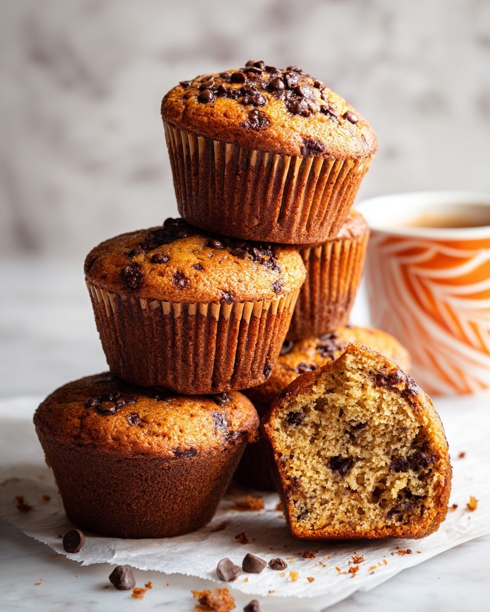 A stack of six brown muffins with chocolate chips spread over the top layer and throughout the inside. Some muffins are whole, while one is split in two, showing the soft, moist texture inside with chocolate chips. The muffins rest on white parchment paper that has chocolate chips and light brown crumbs scattered on it. In the background, there is a white cup with an orange, swirling pattern sitting on a white marbled surface. photo taken with an iphone --ar 4:5 --v 7
