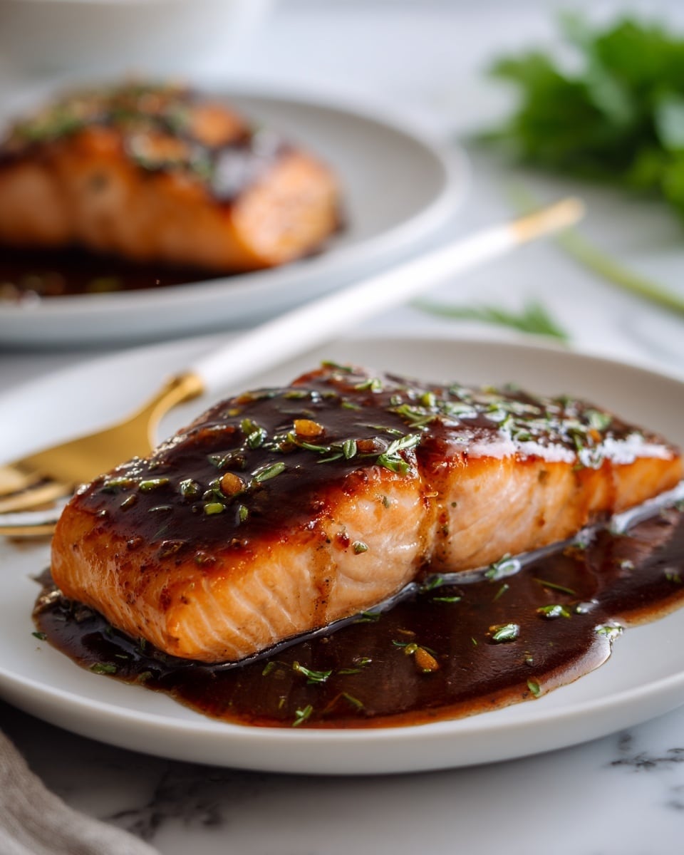 A piece of cooked salmon fillet sits in the center of a white plate on a white marbled surface, covered with a thick, dark brown sauce that has a shiny texture and is sprinkled with small green herb bits. The fillet’s edges show a light golden brown color from cooking, and the sauce partially drips down the sides, creating a glossy finish. In the background, there is a second plate with another piece of salmon that is partly visible. A gold fork rests beside the main fillet with a white chopstick placed diagonally across the plate. Some green leafy herbs are slightly blurred in the upper left corner. photo taken with an iphone --ar 4:5 --v 7
