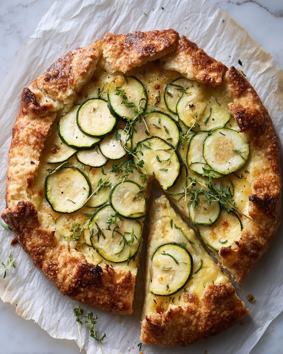 The dish is a rustic galette with a flaky, golden brown crust that is thick and folded over the edges, showing a layered texture with a slightly crisp and crumbly look. Inside, there is a creamy, light green filling spread evenly under thinly sliced, round zucchini layers arranged in a circular pattern at the center, with slightly browned edges on the zucchini. Fresh green herb sprigs are placed on top for decoration. The galette is placed on a piece of parchment paper on a dark wooden surface, which should be changed to a white marbled texture. Photo taken with an iphone --ar 4:5 --v 7