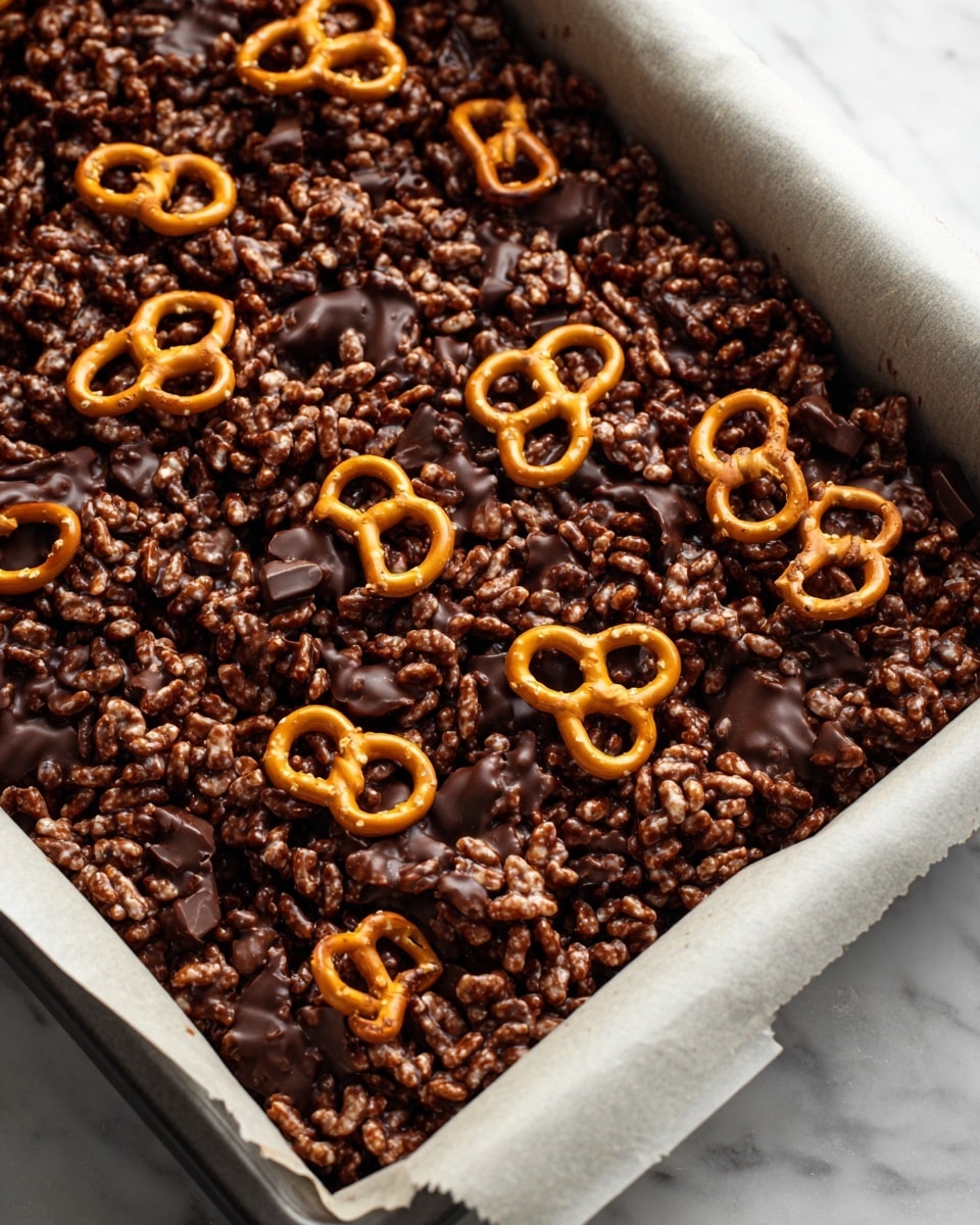 This image shows a thick layer of chocolate-covered rice cereal mixed with small pretzels scattered throughout. The top is uneven, with shiny dark brown chocolate coating the cereal pieces and pretzels. The pretzels have a light orange-brown color and a smooth texture, standing out against the bumpy, crunchy rice cereal layer. This mixture fills a baking pan lined with white parchment paper, placed on a white marbled surface. Photo taken with an iphone --ar 4:5 --v 7