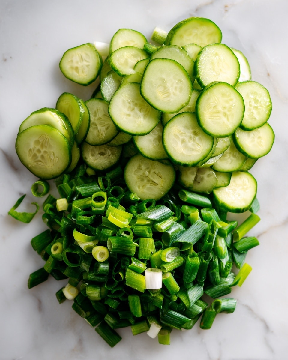 The image shows two layers of thinly sliced vegetables on a white marbled surface. The top layer is a pile of round, green cucumber slices with a slightly textured skin and a pale, moist inside. Below and to the left, there is a layer of chopped green onions, showing small circular cross-sections with varying shades of green, from dark green tops to lighter green and white bases, creating a fresh and vibrant look. The lighting highlights the freshness and slight glossiness of the vegetables. photo taken with an iphone --ar 4:5 --v 7