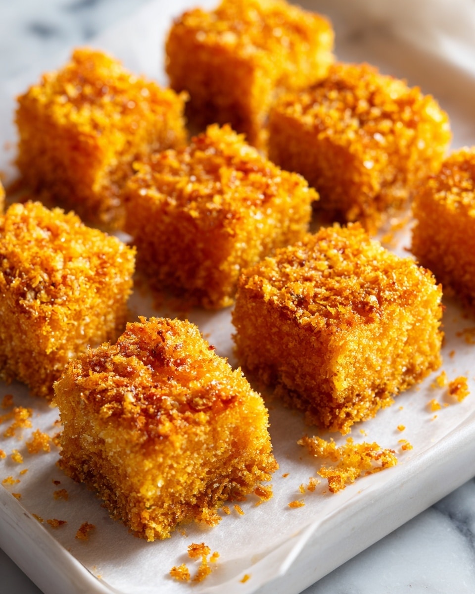 Several pieces of crispy, golden-brown coated squares are arranged in rows on a white tray lined with pale parchment paper. Each piece shows a rough, flaky texture on the outside, with an even color of light orange and yellow crispy crumbs. The pieces are placed closely together, with some crumbs scattered lightly on the white marbled surface beneath the tray. The focus is sharp on the crumbs in the front and softens toward the back. Photo taken with an iphone --ar 4:5 --v 7