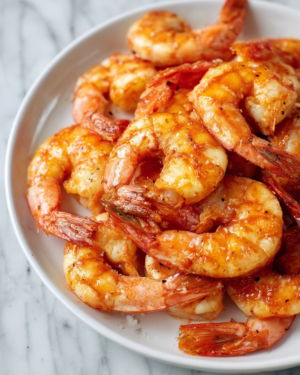 A close-up of a pile of cooked shrimp in one layer, all with orange and reddish color mixed with white. The shrimp texture looks firm with some crispy bits and slightly shiny with seasoning all around. They are placed on a white plate, and the plate is set on a surface with white marbled texture. photo taken with an iphone --ar 4:5 --v 7