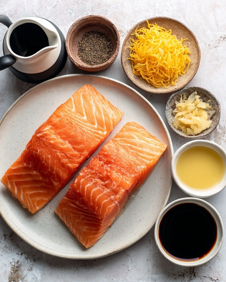 The image shows two large pieces of bright orange salmon on a white plate placed on a white marbled surface. Around the plate, there are six small containers with different ingredients: a black and white jug of dark maple syrup at the top left, a small brown bowl of black pepper at the top center, a small rustic dish with shredded yellow ginger at the top right, another small rustic dish with minced garlic at the bottom left, a white bowl of pale yellow lemon juice at the bottom center, and a black and white jug of dark tamari sauce at the bottom right. The scene is well lit and neatly arranged, emphasizing the rich colors and textures of the ingredients. photo taken with an iphone --ar 4:5 --v 7