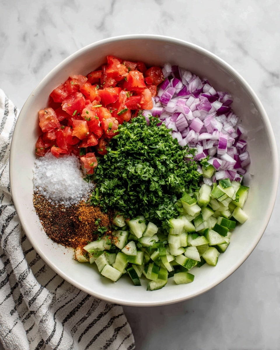 A white bowl on a white marbled surface holds five distinct piles of ingredients arranged in a circle. At the top left, there are small bright red diced tomatoes, next to that on the top right, finely chopped purple onions. On the right side, there is a heap of fresh, green chopped parsley with a small amount of white salt on top. At the bottom right and bottom left, there are two piles of light and dark green diced cucumber pieces. Near the tomatoes and cucumbers, small amounts of dark brown and black spices are sprinkled in the center. A white and gray striped cloth is partially visible on the bottom left corner. photo taken with an iphone --ar 4:5 --v 7