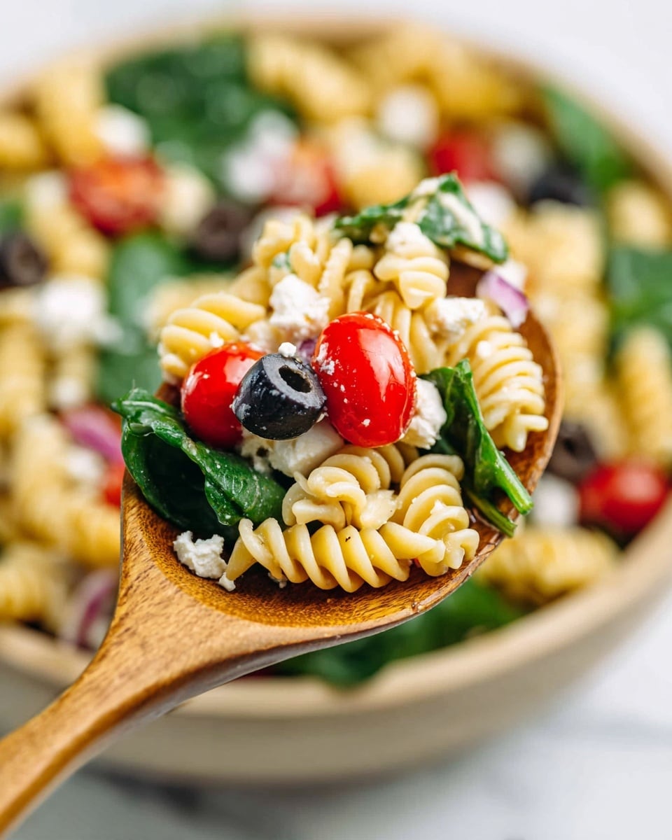 The image shows a bowl of pasta salad with three main layers: at the bottom, pale yellow spiral pasta pieces fill most of the bowl; mixed throughout and on top are bright green spinach leaves adding freshness; scattered among the pasta and spinach are whole black olives and green olives, plus small red grape tomatoes, all giving pops of dark purple, green, and red colors; there are tiny bits of white cheese and small pieces of diced red onion visible in between; all ingredients have a fresh and slightly glossy look, suggesting they are lightly dressed. The bowl is white and the background is a white marbled texture photo taken with an iphone --ar 4:5 --v 7