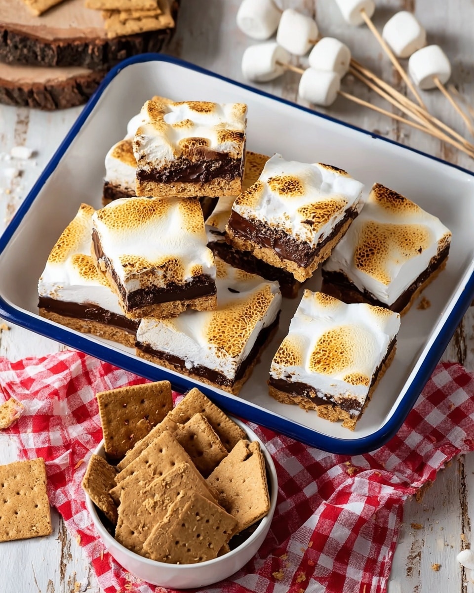 The image shows a white tray with a blue rim holding several square s'mores bars, each with three layers: a golden brown cracker base, a dark chocolate middle, and a thick white toasted marshmallow topping with golden spots. One bar is cut open, showing all layers clearly. Around the bars are scattered pieces of graham crackers. In the bottom right inside the tray, there is a white bowl filled with stacked graham crackers and chunks of chocolate. The background is a white marbled texture with some rustic wooden pieces and a red and white checkered cloth partially under the tray. Two skewers with toasted marshmallows rest on the side photo taken with an iphone --ar 4:5 --v 7