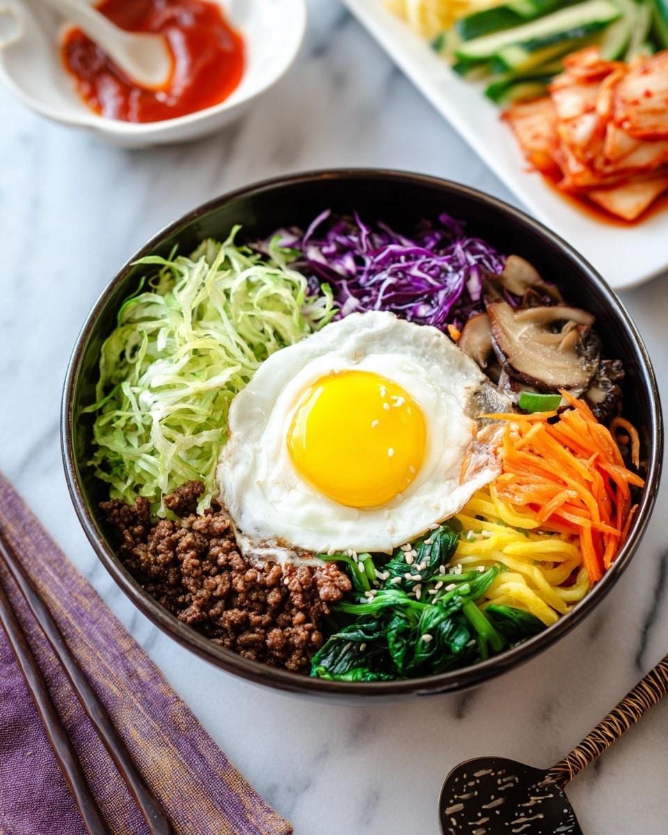 A dark bowl on a white marbled surface holds a colorful bibimbap dish arranged in separate sections. At the center, there is a sunny-side-up egg with a bright yellow yolk and white cooked edges. Surrounding the egg are layers of shredded light green lettuce, dark brown cooked minced beef, vibrant purple cabbage, bright green spinach, yellow bean sprouts, reddish kimchi, sliced brown mushrooms, and sliced green cucumbers mixed with thin orange carrot strips. In the background, a bowl with red sauce and a white rectangular plate with more vegetables and wooden chopsticks are visible. A spoon with a dark patterned handle rests at the bottom right corner. Photo taken with an iphone --ar 4:5 --v 7
