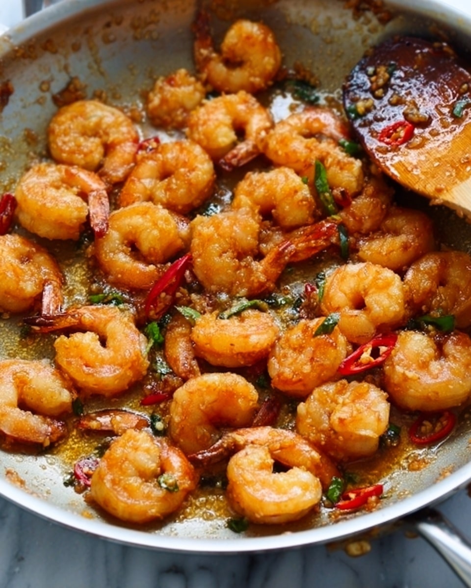 This image shows a close-up of a silver frying pan filled with golden fried shrimp coated in a shiny sauce. There are small pieces of green herbs and red chili slices mixed among the shrimp. A wooden spoon with sauce and herbs rests at the top right of the pan. The shrimp have a crispy texture and are arranged all over the pan's surface which sits on a white marbled texture. The scene captures the shrimp in warm, inviting colors. photo taken with an iphone --ar 4:5 --v 7