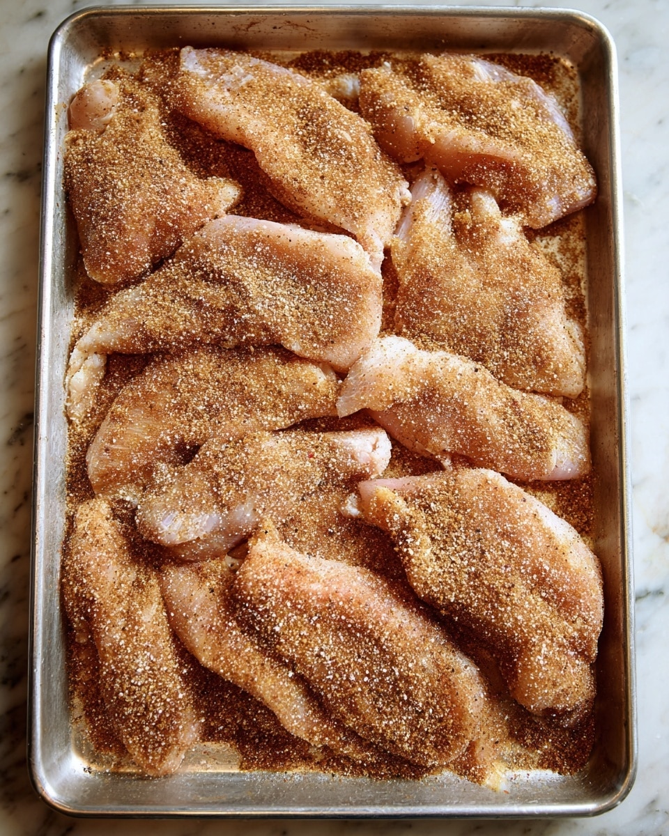 A metal baking tray filled with several raw, light pink chicken pieces spread out flat and coated evenly with a light brown spice mix, creating a textured and grainy layer on top. The tray sits on a wooden surface but imagine it on a white marbled texture. The spice layer has small white granules and darker brown specks, giving the chicken a dry, dusty look. The chicken pieces vary in shape and size, some wider and flat, others smaller and folded in parts, all closely touching each other. Photo taken with an iphone --ar 4:5 --v 7