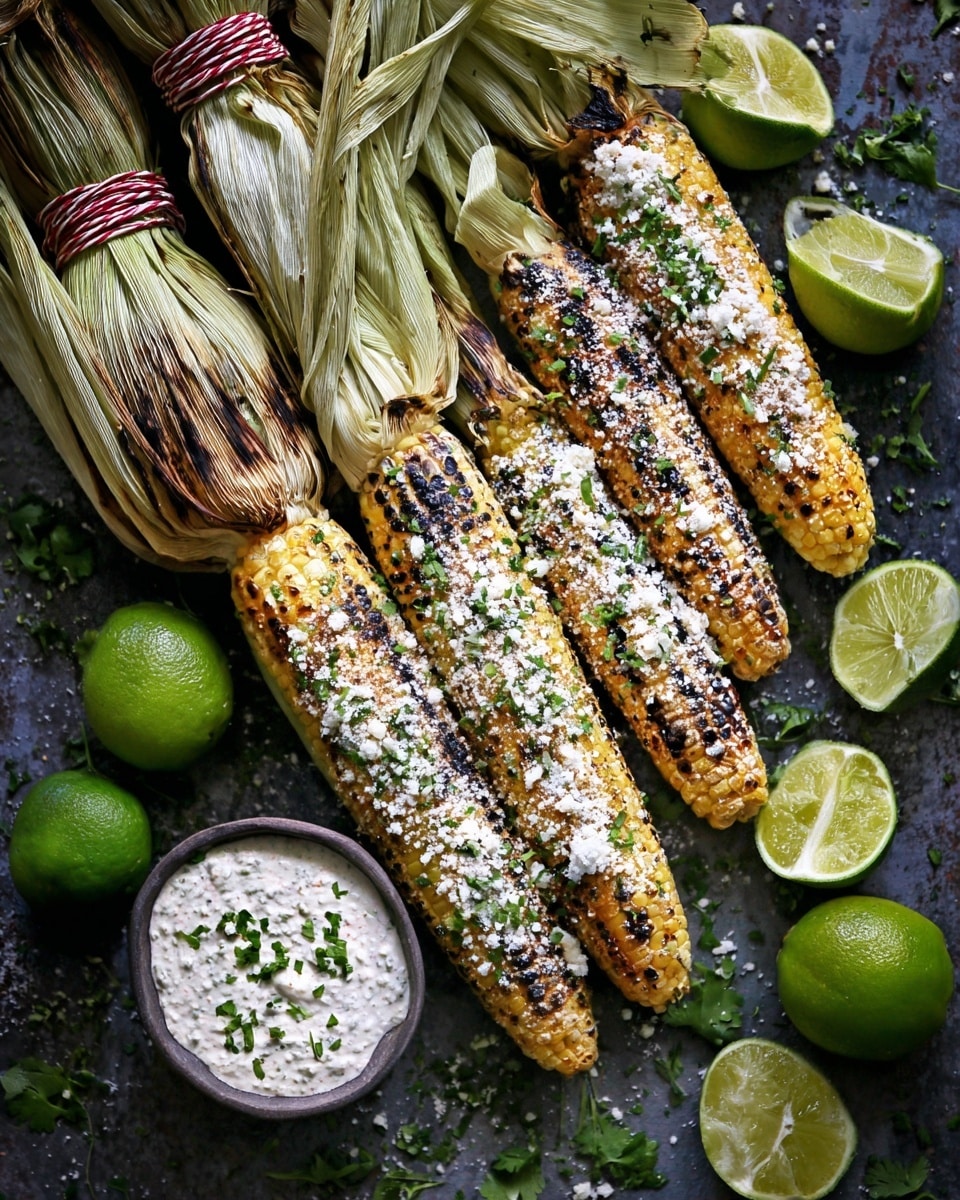 The dish shows five grilled corn cobs with char marks and coarse white topping, likely cheese or cream, sprinkled with green chopped herbs. The corn husks remain attached on three cobs, charred and tied with red and white string. Surrounding the corn are lime wedges and whole limes, bright green and fresh. A small bowl filled with a creamy white sauce speckled with herbs is at the bottom center. The whole scene sits on a dark, textured surface with scattered green herbs. photo taken with an iphone --ar 4:5 --v 7