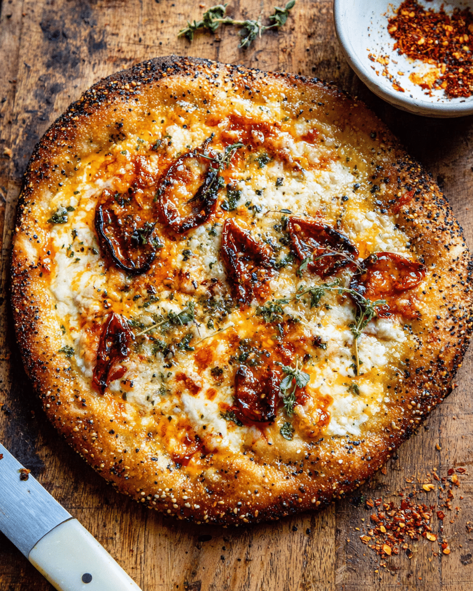 A round pizza with a thick, golden-brown crust covered in sesame seeds and herbs forms the base. On top, there is a layer of melted white cheese mixed with spots of orange oil, spreading evenly across the surface. Visible on the pizza are curled, dark red pepper slices scattered around, some slightly crisped and blackened on edges. Small green herb sprigs are placed here and there on the cheese. The pizza rests on a worn wooden surface with a white knife handle visible at the bottom left. Nearby, a white bowl with some red spicy topping is partially seen on the top right with a few crushed red flakes scattered on the wooden surface. photo taken with an iphone --ar 4:5 --v 7