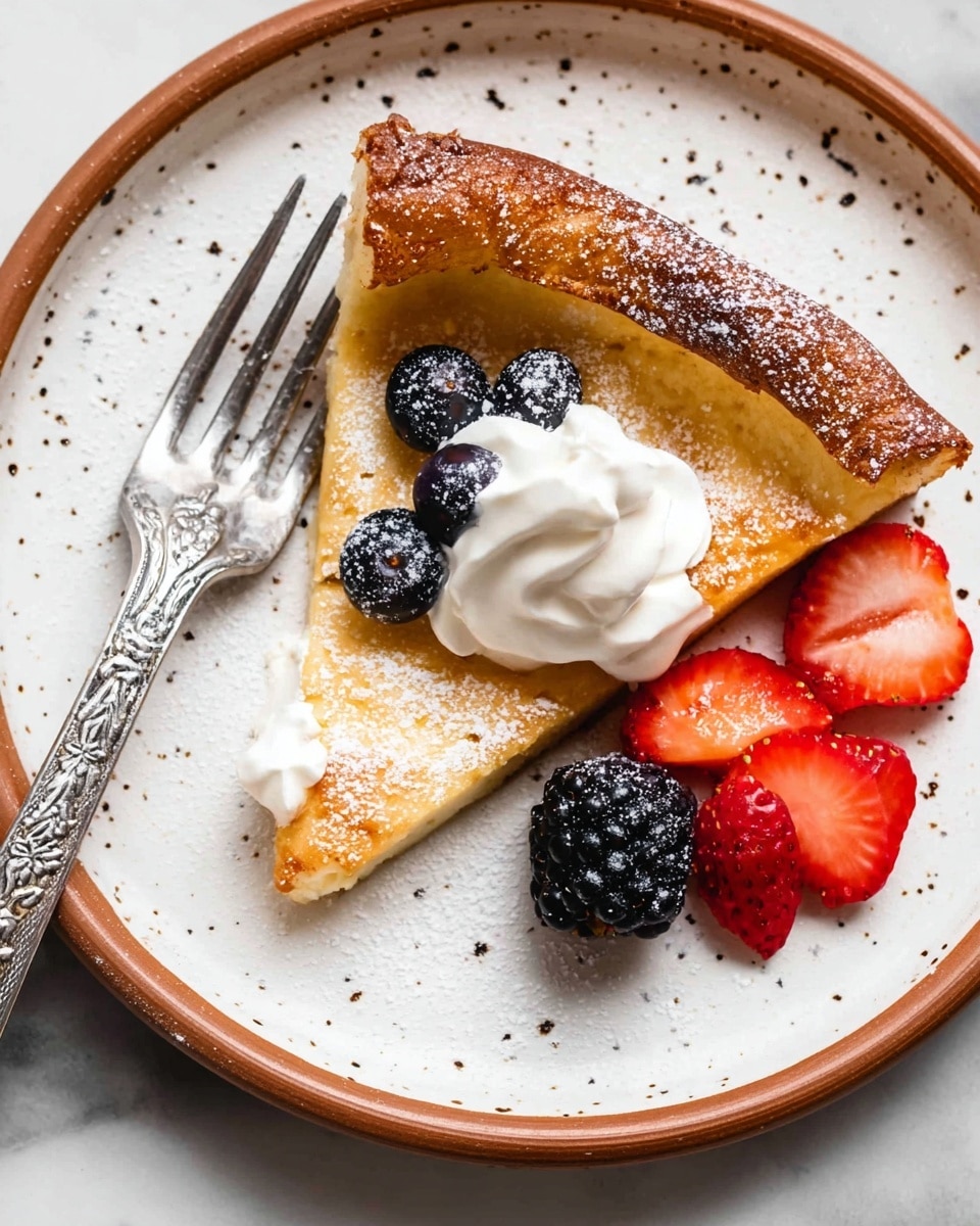 A slice of light golden-brown Dutch baby pancake with a puffed, slightly darker edge is placed on a white plate with brown specks and a brown rim, sitting on a white marbled surface. The pancake is topped with a dollop of white whipped cream in the center, surrounded by three round, dark blue blueberries and one red, sliced strawberry piece partially on the cream. A single blackberry and two more sliced strawberry pieces are placed on the plate beside the pancake. A silver fork with ornate designs on the handle is on the left side of the plate, with its prongs pointing towards the pancake. There is a light dusting of powdered sugar over the pancake, fruit, and fork. Photo taken with an iphone --ar 4:5 --v 7