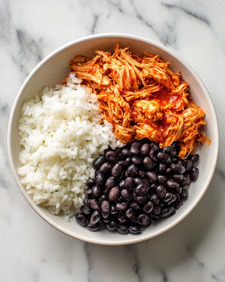 A round white bowl holds a simple meal divided into three parts: on the left, a heap of white rice with soft, fluffy grains; on the bottom right, a pile of black beans with a shiny, smooth texture; and on the top right, shredded chicken covered in a reddish-orange sauce, showing a tender and moist texture. The bowl sits on a white marbled surface. photo taken with an iphone --ar 4:5 --v 7
