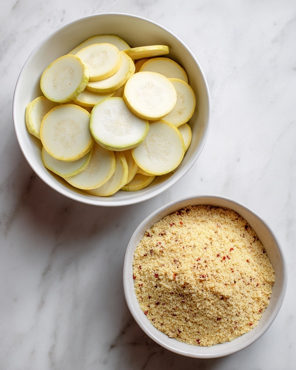 The image shows two white bowls placed on a white marbled surface. The top bowl is filled with thin, round slices of light yellow squash, each slice showing the pale interior with seeds and smooth edges, layered loosely on top of each other. The bottom bowl contains a textured yellow and white dry mixture, likely cornmeal or breading, with small specks of red and brown scattered throughout, creating a coarse and grainy surface. photo taken with an iphone --ar 4:5 --v 7
