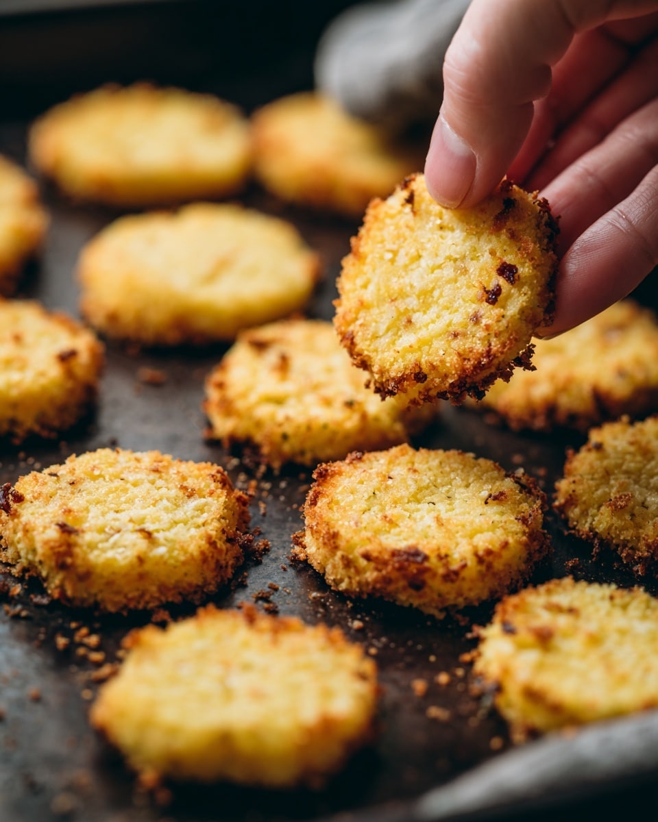 A close-up of many small round slices of golden-yellow baked snacks with a textured crispy coating, each about the same size and slightly thick, arranged on a dark baking tray with crumbs scattered around. A woman's hand is holding one round snack in the foreground, showing its rough, crunchy surface with some browned spots on the edges. The background is slightly blurred, focusing on the held snack. photo taken with an iphone --ar 4:5 --v 7