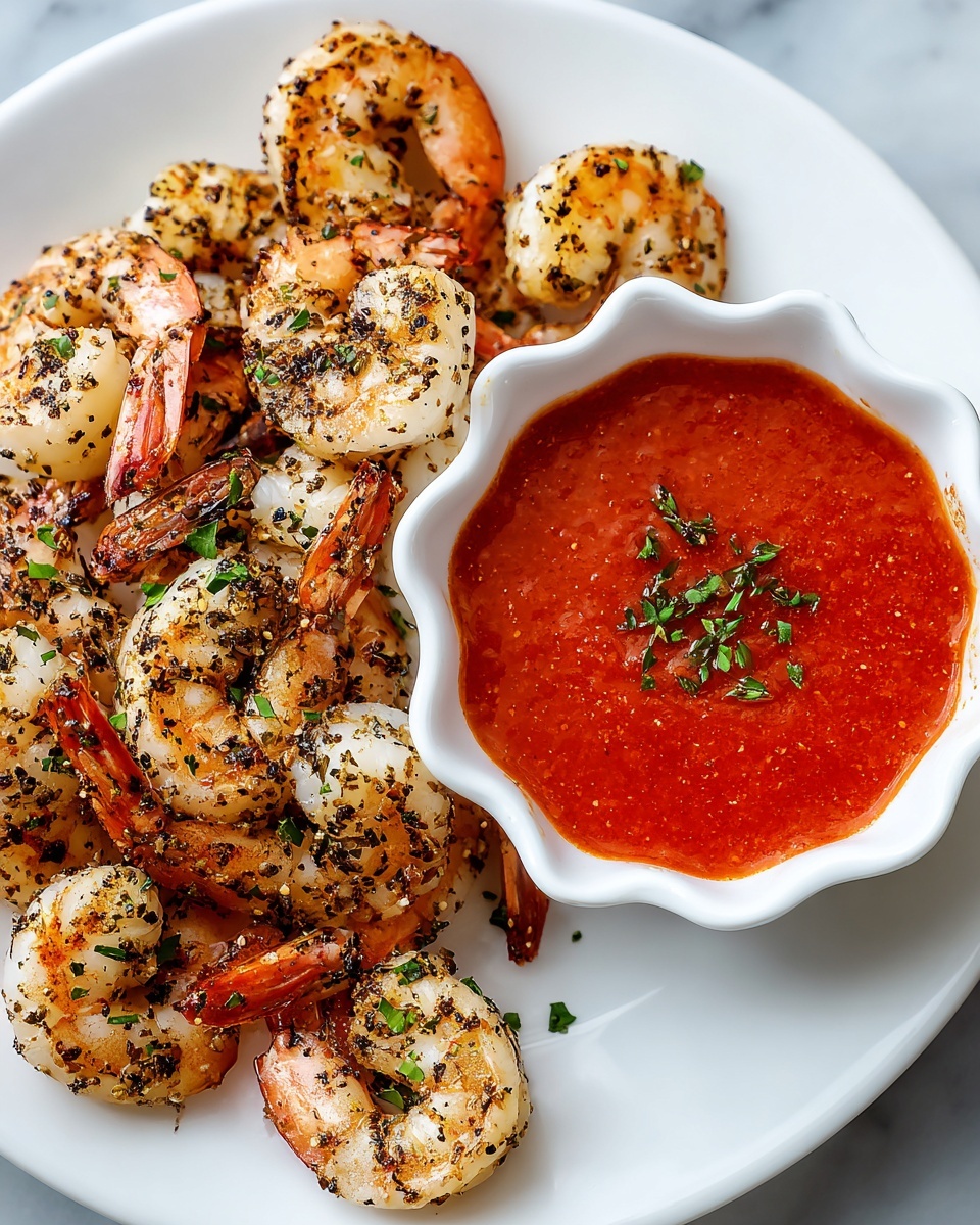 A white plate holds a pile of cooked shrimp seasoned with brown and black spices and sprinkled with small green herb pieces. The shrimp are pinkish with white flesh showing, and they are arranged next to a white scalloped bowl filled with bright red sauce that has a smooth texture and is also garnished with small green herbs. The plate sits on a white marbled surface, creating a clean and simple background. photo taken with an iphone --ar 4:5 --v 7