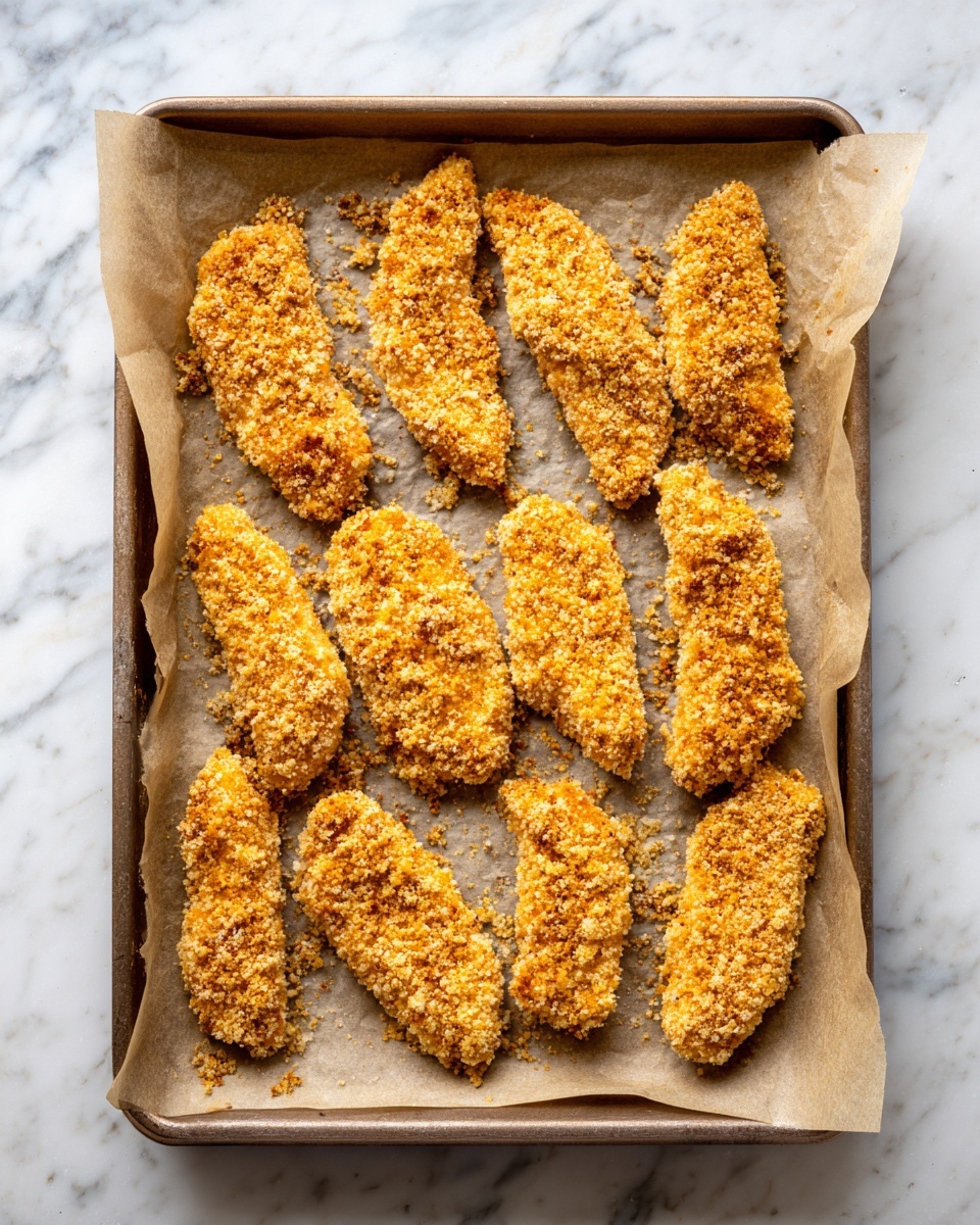 A baking tray lined with light brown parchment paper placed on a white marbled surface holds twelve pieces of raw breaded chicken strips arranged in three rows of four. Each strip is coated with a rough, golden-brown crumb mix that looks crunchy and uneven in texture, with some crumbs scattered on the parchment paper around the chicken pieces. The chicken strips vary slightly in size and shape but all have a similar long, narrow form. Photo taken with an iphone --ar 4:5 --v 7