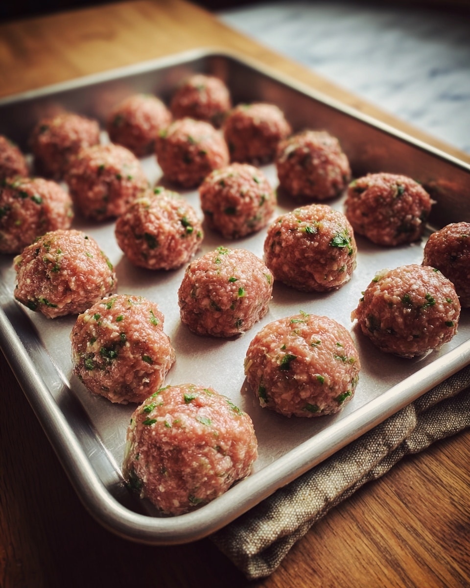 The image shows rows of raw meatballs placed evenly on a silver baking tray. Each ball has a rough texture with small visible bits of green herbs and pinkish meat. The tray rests on a wooden surface with a small piece of brown cloth visible on one side, and the background is a white marbled texture. Photo taken with an iphone --ar 4:5 --v 7