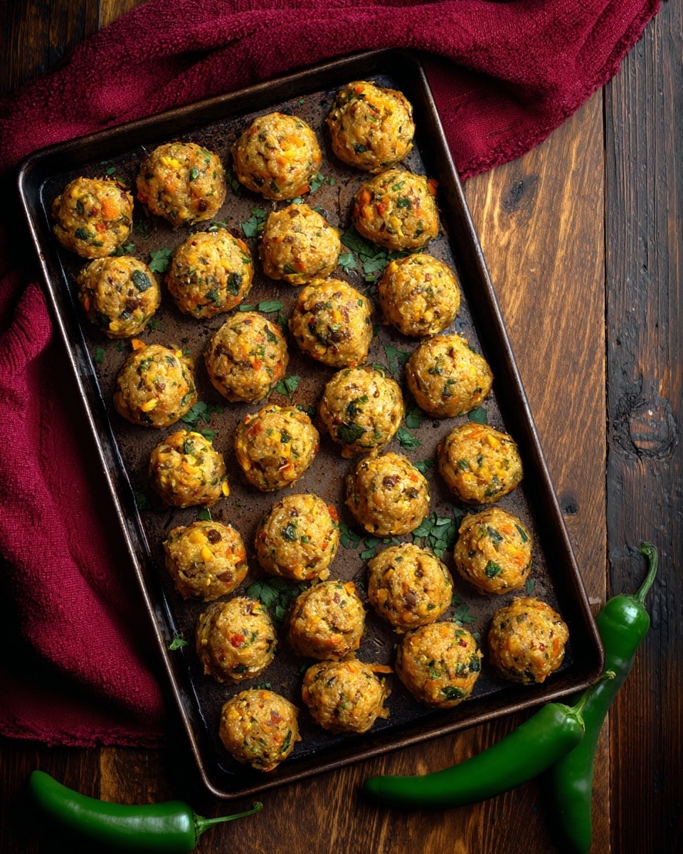 The image shows a baking tray filled with many small, round snack balls that have a golden brown crust on top. Each ball has a rough, slightly bumpy texture with some green and orange bits visible inside, suggesting herbs and vegetables mixed in. The balls are arranged close together in rows, covering the entire tray. The tray is placed on a dark wooden surface with a red cloth underneath part of it. Two green peppers are placed near the tray on the wooden surface. The overall look is warm and inviting, with crispy tops and a homemade feel. Photo taken with an iphone --ar 4:5 --v 7