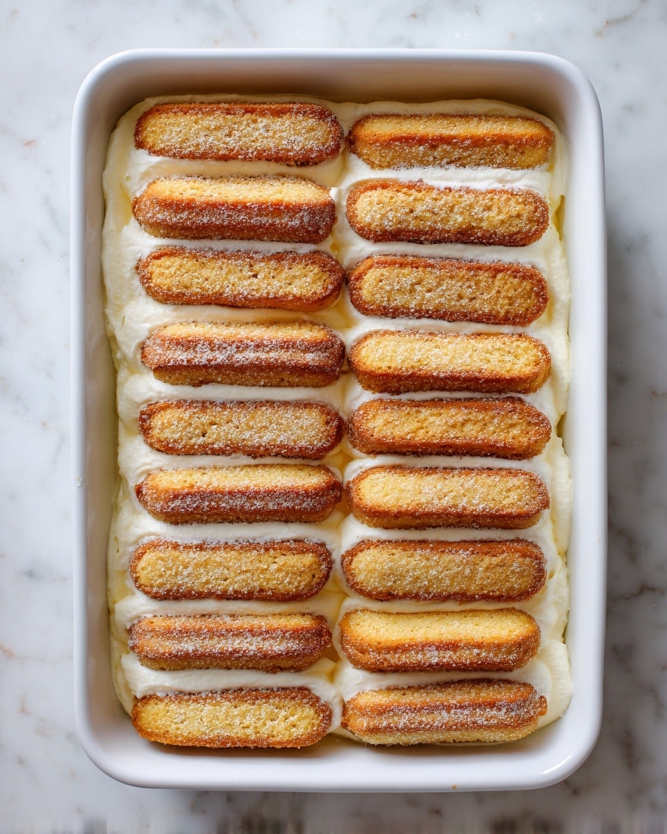 The image shows a close-up top view of a rectangular white dish filled with two layers of ladyfinger biscuits. The ladyfingers are golden brown with a slightly rough texture and a light dusting of sugar on top. They are lined up neatly in two rows, covering the entire visible surface. Underneath the ladyfinger biscuits, a smooth creamy layer of pale white filling is just visible between gaps. The background surface is a white marbled texture. photo taken with an iphone --ar 4:5 --v 7