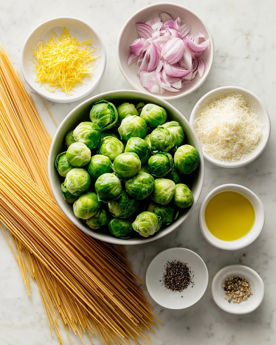 A white bowl filled with bright green Brussels sprouts sits near the bottom center, surrounded by long strands of uncooked spaghetti fanned out to the left on a white marbled texture. Above the bowl, three small white bowls hold thinly sliced light purple shallots, finely minced garlic, and a heap of grated white cheese. To the right of the Brussels sprouts bowl, a small pile of yellow lemon zest is scattered on the white marbled surface. Below and to the right, three small white bowls contain light yellow liquid, light golden oil, and a mix of salt and black pepper. The whole setup is clean and arranged neatly on the white marbled texture. photo taken with an iphone --ar 4:5 --v 7