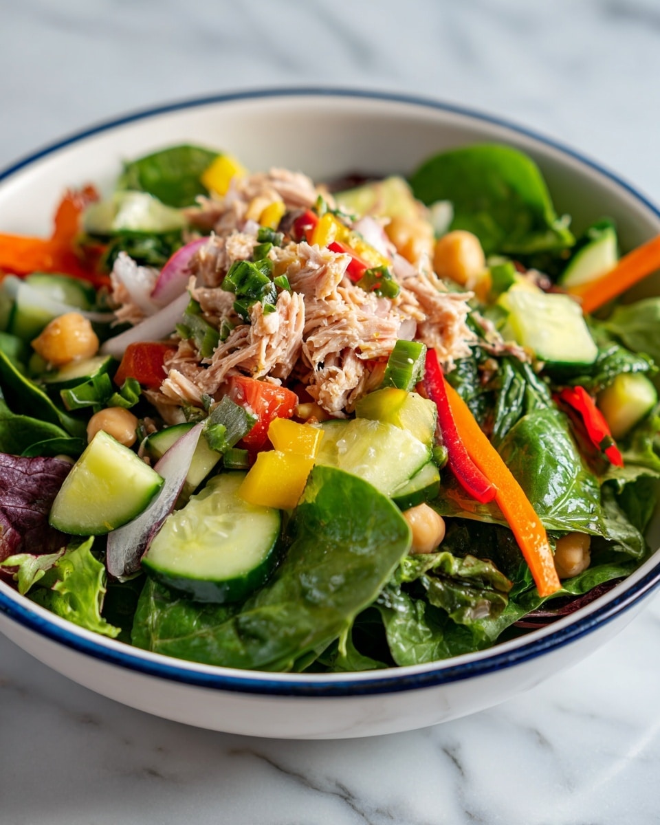 A fresh salad is served in a white bowl with a thin blue rim, placed on a white marbled surface. The bottom layer is dark and light green leafy greens like spinach and mixed lettuce with rich textures. On top of the greens, there is a colorful mix of chopped vegetables including pale yellow cucumber slices, white onion pieces, orange carrot bits, and small white chickpeas. There are also small pieces of red and green peppers and some shredded light brown tuna or chicken mixed in. The salad looks fresh and vibrant with lots of small bits layered together, creating a lively mix of colors and textures. photo taken with an iphone --ar 4:5 --v 7