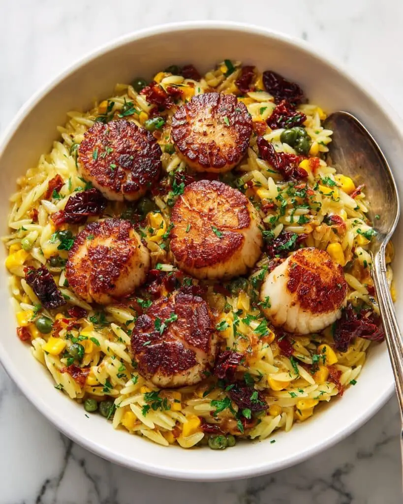 Pan-Seared Scallops over Creamy Pesto Orzo Recipe