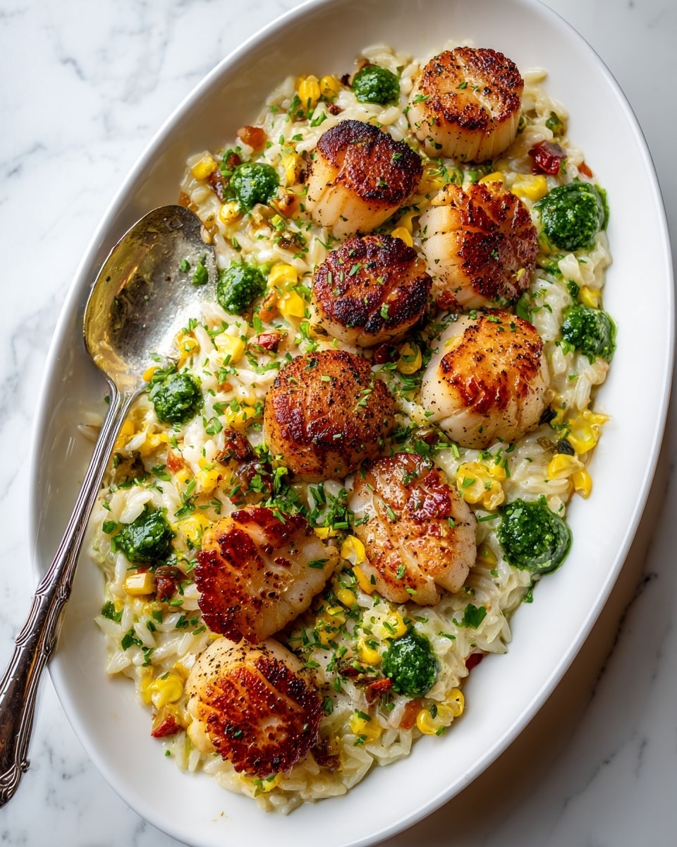 The dish is served in a white oval bowl placed on a white marbled surface. It has three main layers: the base is a creamy orzo pasta mixed with small yellow corn kernels, scattered green capers, and bits of dark sun-dried tomatoes. On top, there are ten golden brown pan-seared scallops, each with a slightly crispy textured surface. Some scallops have specks of black pepper, and the dish is garnished with small green herb sauce dollops around the plate. A large silver spoon is resting inside the bowl on the left side. photo taken with an iphone --ar 4:5 --v 7