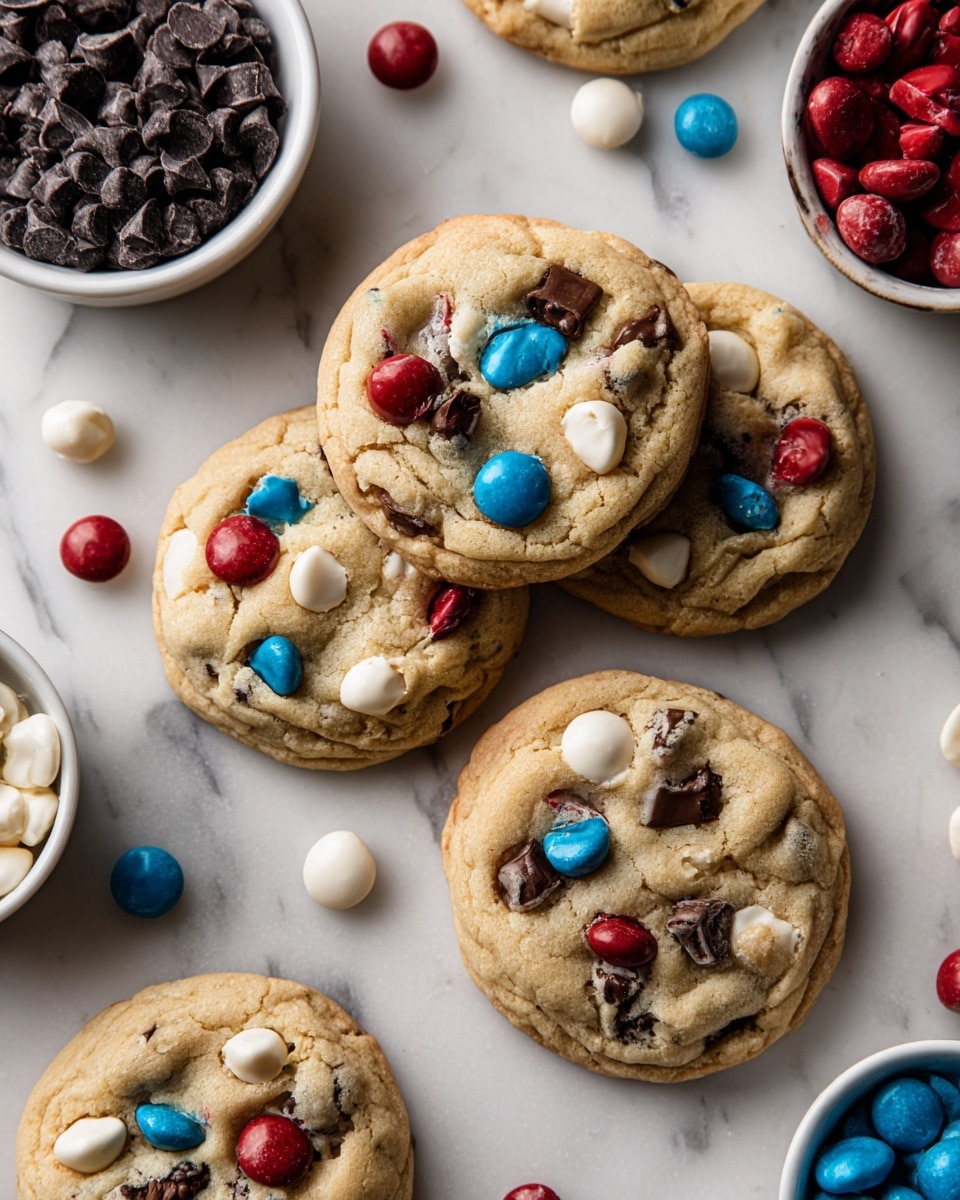 The image shows several round cookies with a light golden brown base, dotted with melted chocolate chips and colorful candy-coated chocolates in red, blue, and white. One cookie in the center is broken into two pieces, revealing a soft and slightly crumbly texture inside. The cookies rest on crumpled white parchment paper placed over a white marbled surface. Scattered around the cookies are loose red, blue, and white candy-coated chocolates, adding vibrant pops of color. The photo taken with an iphone --ar 4:5 --v 7