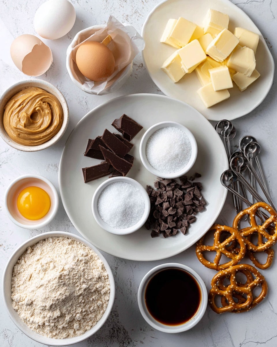 The image shows a top-down view of various baking ingredients arranged neatly on a white marbled surface. At the center is a white plate holding three small bowls with white sugar, salt, and dark chocolate chunks scattered around. Surrounding the plate are a white bowl filled with light brown flour, a small cup of creamy peanut butter, a small cup of dark liquid, and a bowl filled with pretzels. There are broken egg shells and one whole egg near the top left, a white plate with cubes of butter at the top right, and metal measuring spoons resting on the main plate. The colors include light browns, white, dark brown from the chocolate, and pale yellow from the butter, all very clear and textured, arranged with care. Photo taken with an iphone --ar 4:5 --v 7