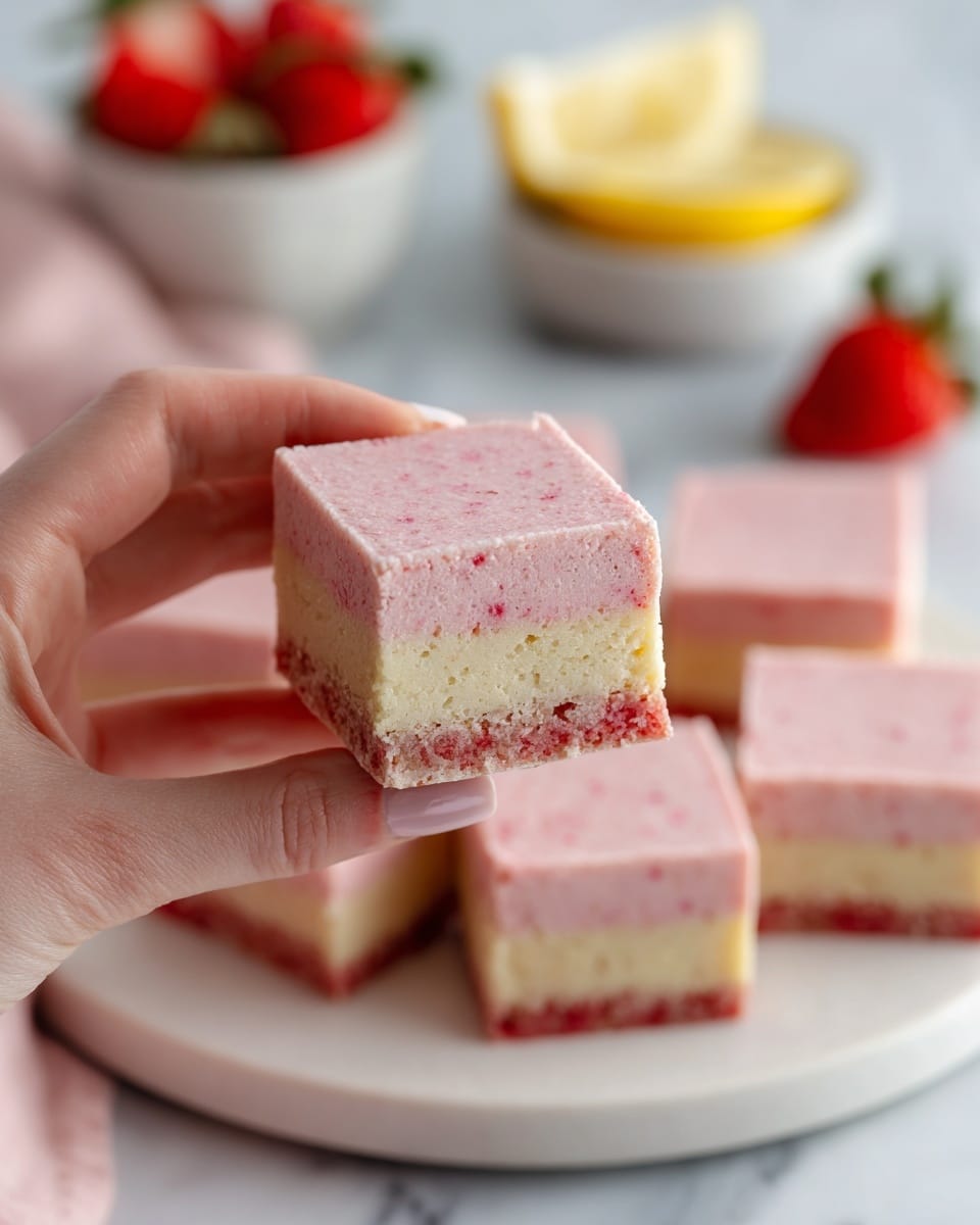 The image shows a wooden board placed on a white marbled surface, filled with square dessert bars. Each bar has two layers: a bottom golden-brown crust layer that looks soft with some small darker spots, and a thick top layer of smooth pink frosting. The bars are neatly arranged in a stacked, overlapping pile. In the background, there is a white bowl filled with fresh red strawberries with green leaves, and another white bowl filled with thinly sliced lemon rounds, both placed on the wooden board. A pink textured cloth is partly visible behind the bowls. photo taken with an iphone --ar 4:5 --v 7
