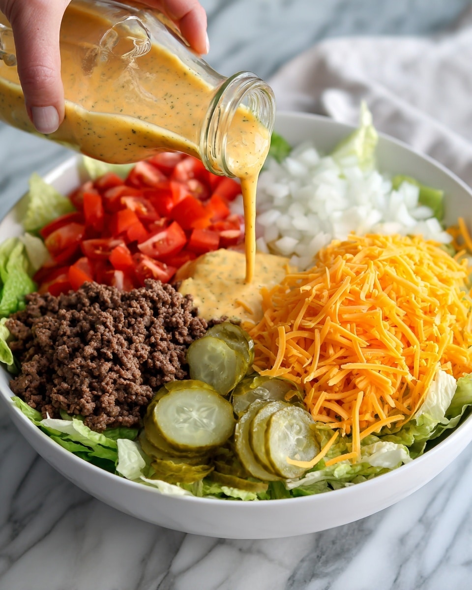 A tall, clear glass bottle is filled with a creamy, light orange sauce that has small red specks and bits of green herbs. The sauce drips slightly down the side of the bottle near the top. In the background, there is a white bowl filled with a salad that has visible green lettuce, red tomato pieces, and an orange sauce drizzled on top. There are two other white bowls with small amounts of other sauces or ingredients, each with a spoon inside, placed on a white marbled surface. The photo taken with an iphone --ar 4:5 --v 7