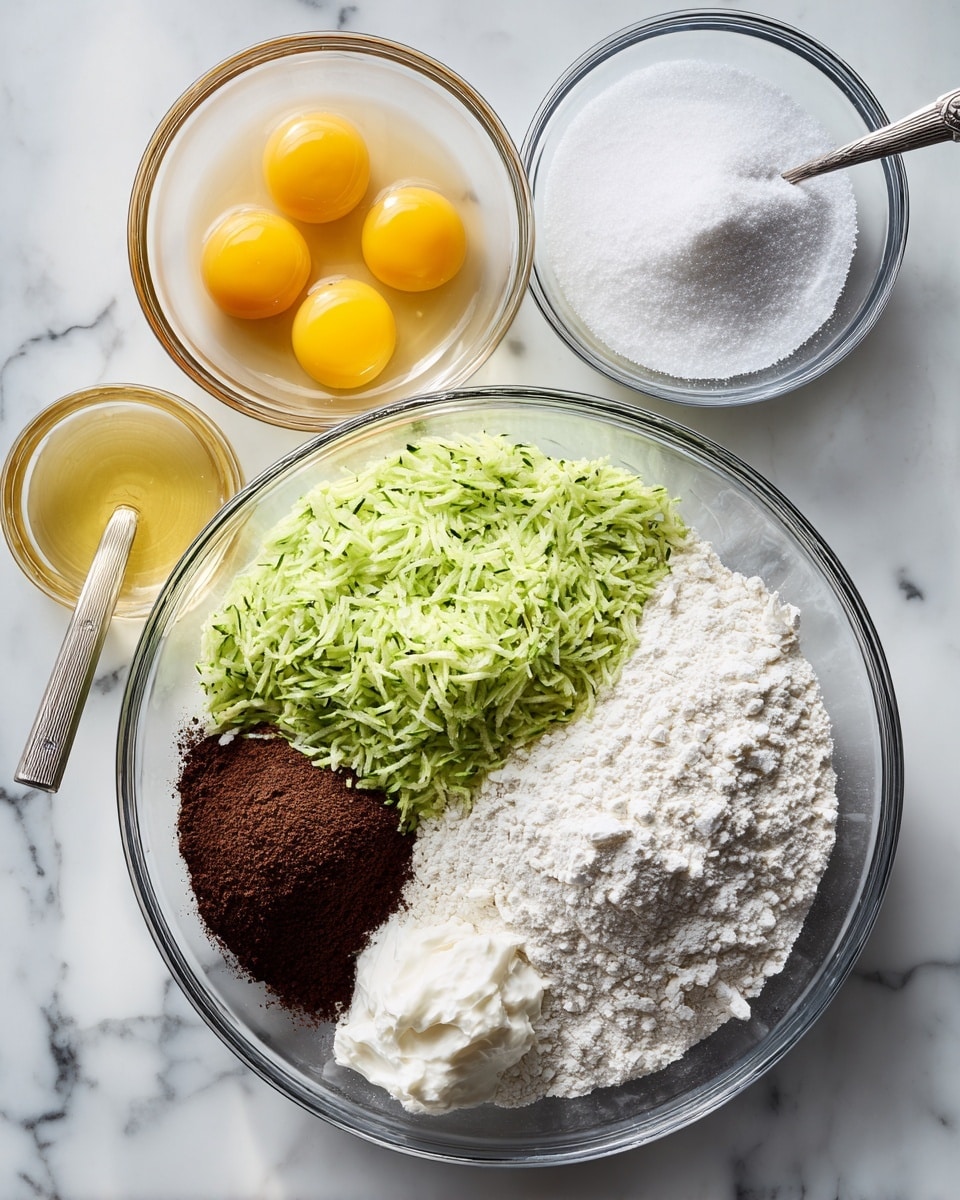 A clear glass bowl holds six distinct piles of ingredients arranged next to each other: green shredded zucchini at the top right, white granulated sugar below that to the left, a mound of white flour to the right of sugar, a dollop of white creamy substance near the bottom left, a small heap of dark brown powder next to the white flour, and more white powder between sugar and white creamy substance. To the left of this bowl, two smaller clear glass bowls sit on a white marbled surface, one with two raw eggs showing bright yellow yolks, and the other with a golden yellow liquid, each with a spoon resting inside. All is laid on a white marbled surface. Photo taken with an iphone --ar 4:5 --v 7