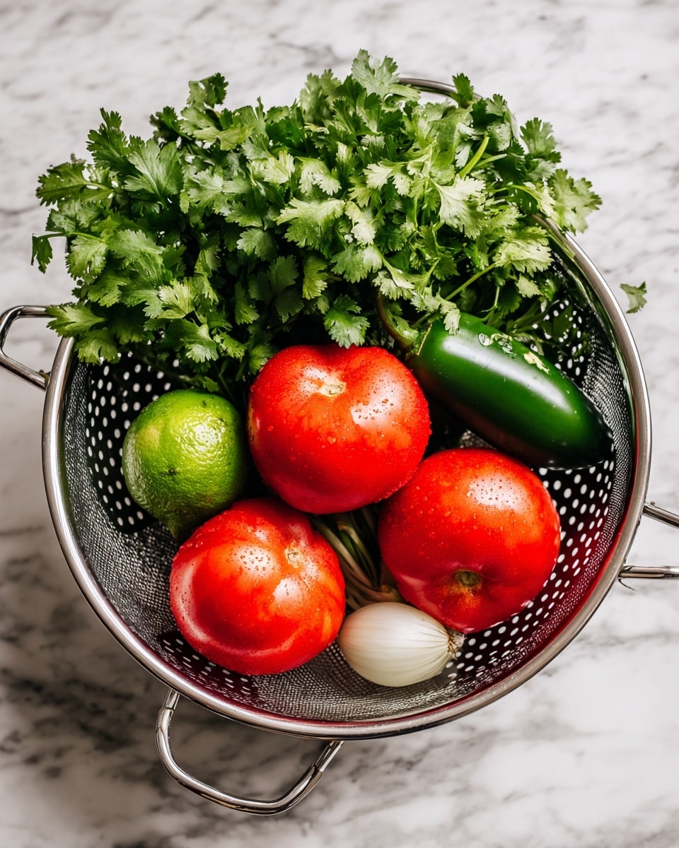 A shiny metal colander filled with four red tomatoes at the bottom, a bright green lime and a dark green jalapeño pepper resting on top of the tomatoes, a quarter of a white onion placed to the side inside the colander, and a large bunch of fresh, leafy green cilantro covering the top. The colander sits on a white marbled surface. photo taken with an iphone --ar 4:5 --v 7