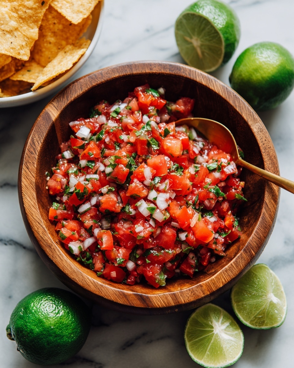 A wooden bowl filled with fresh salsa showing a mix of finely chopped red tomatoes, white onions, and green cilantro leaves spread evenly throughout, with a gold spoon scooping some salsa. Nearby are two bright green limes on a white marbled surface, and a white bowl filled with light yellow crispy tortilla chips. The whole scene is bright and colorful, showing the fresh textures and layers of the salsa in the wooden bowl. photo taken with an iphone --ar 4:5 --v 7