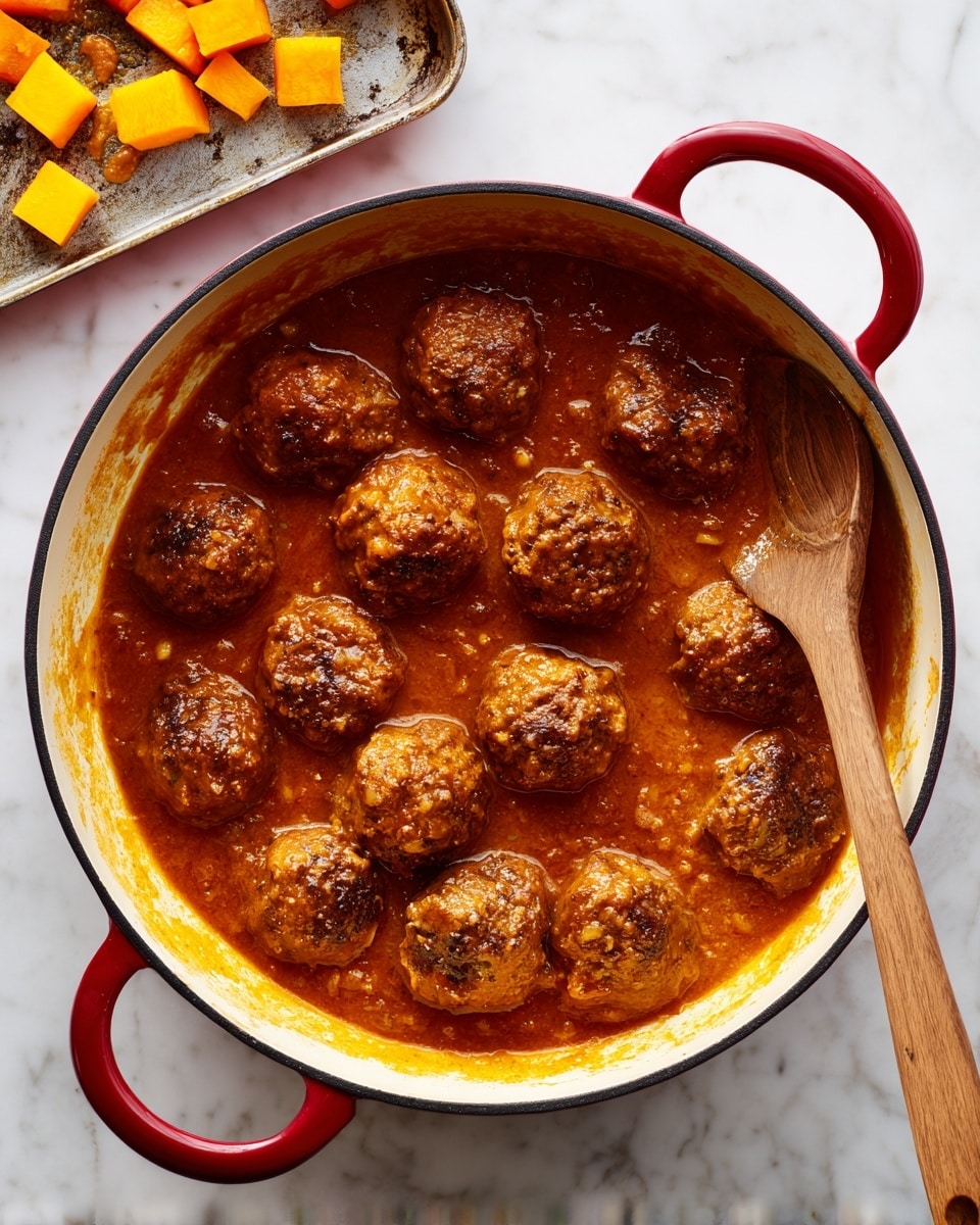 A round white pot with red handles filled with about twelve brown meatballs in a rich, thick orange-brown sauce, some meatballs stacked slightly on top of each other, with a wooden spoon resting on the right side of the pot, the pot placed on a white marbled surface. At the top left corner, a baking tray holds small cubes of orange sweet potato and light yellow corn scattered, also on the white marbled surface. photo taken with an iphone --ar 4:5 --v 7